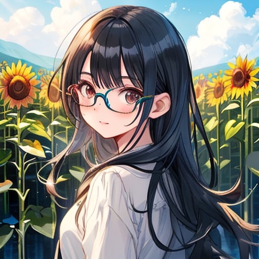 黒髪メガネとひまわり畑