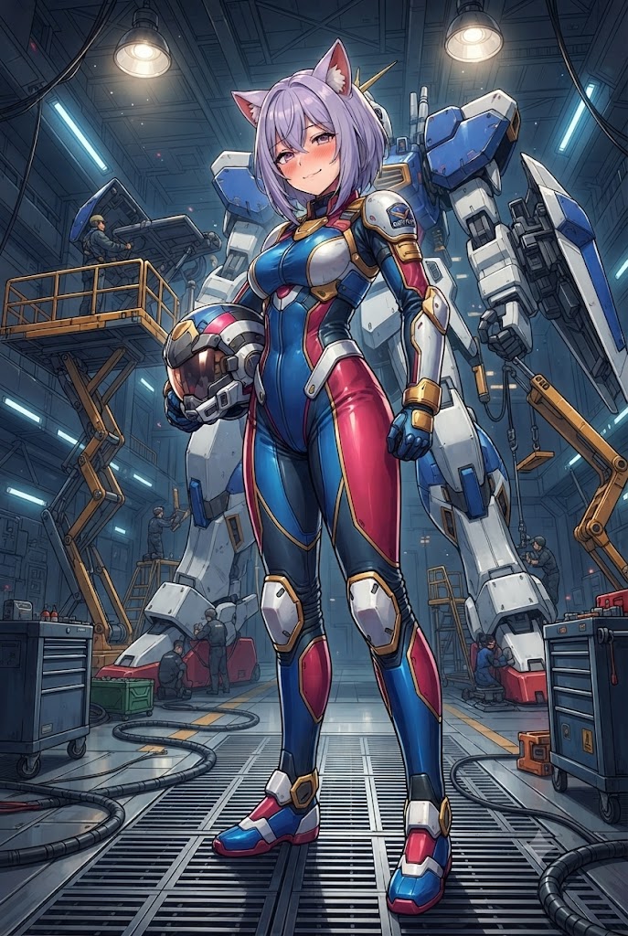 出撃前にバディを会話を交わすパイロットスーツのシス