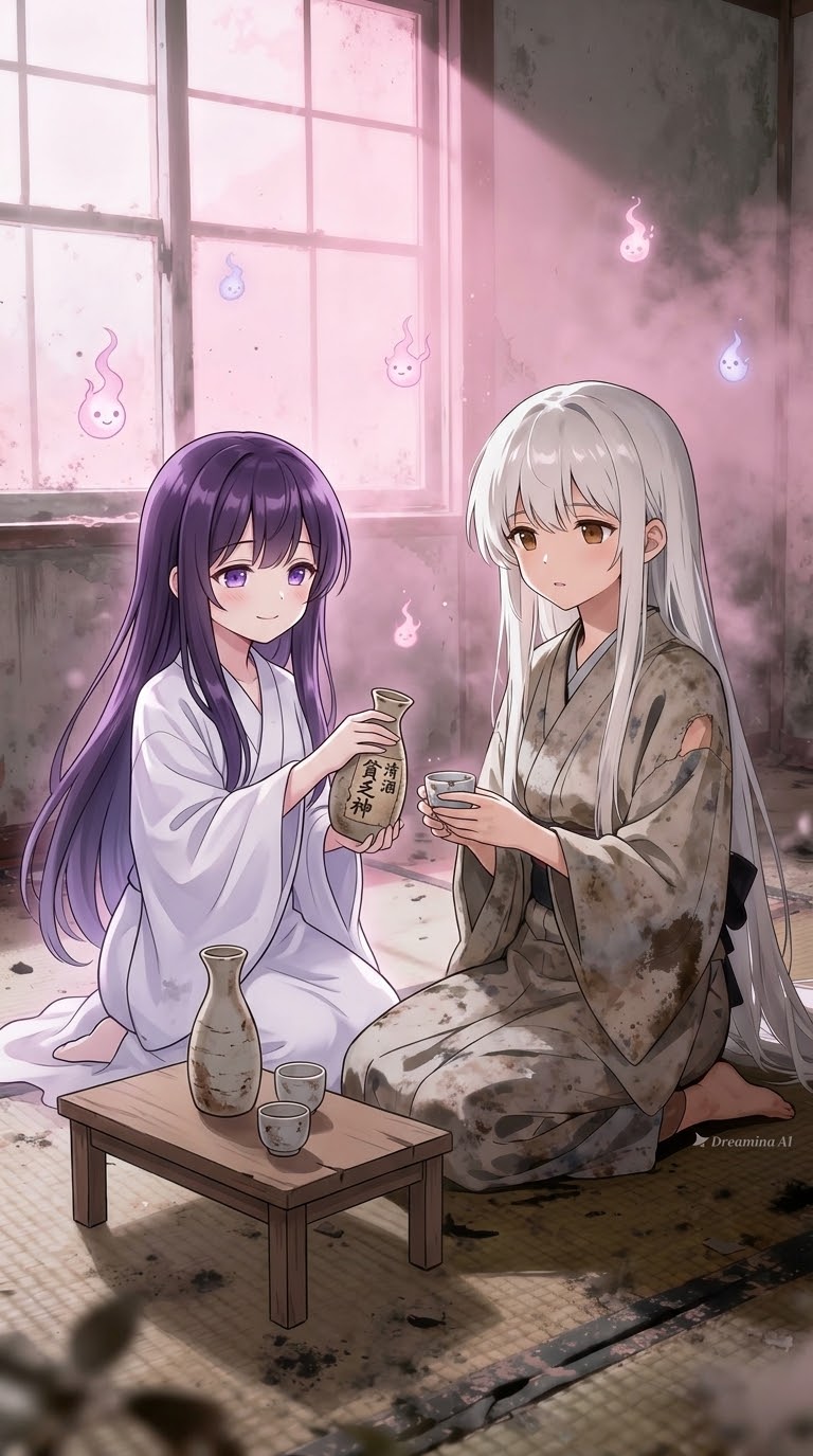 忘れ荘でお酒を飲む貧乏神とゆうれいちゃん | の人気AIイラスト・グラビア