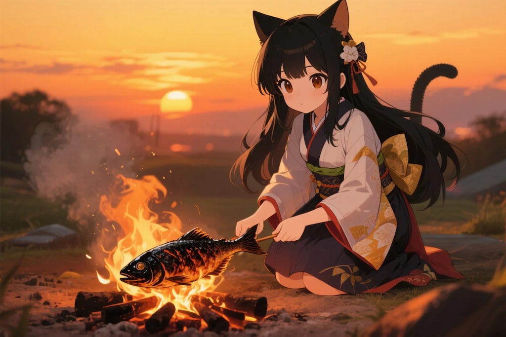 夕焼けとおさかにゃを焼くさくらちゃん