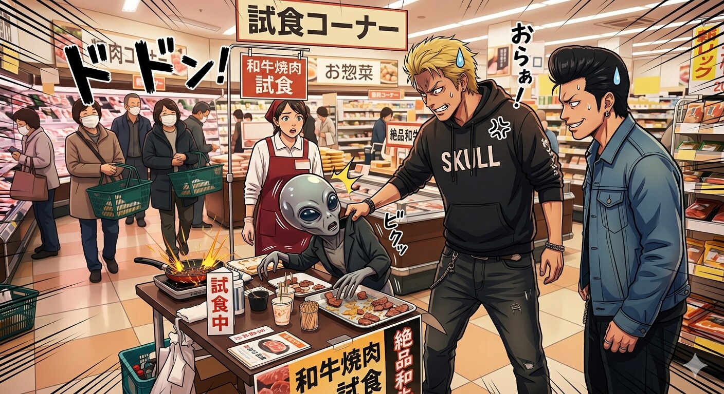 試食しようとして不良に絡まれる宇宙人（アニメ風）