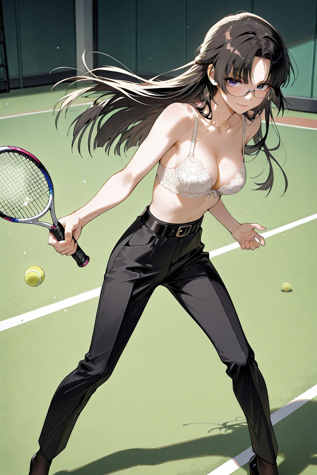 ブラ姿の美女の純白レースブラジャーテニス