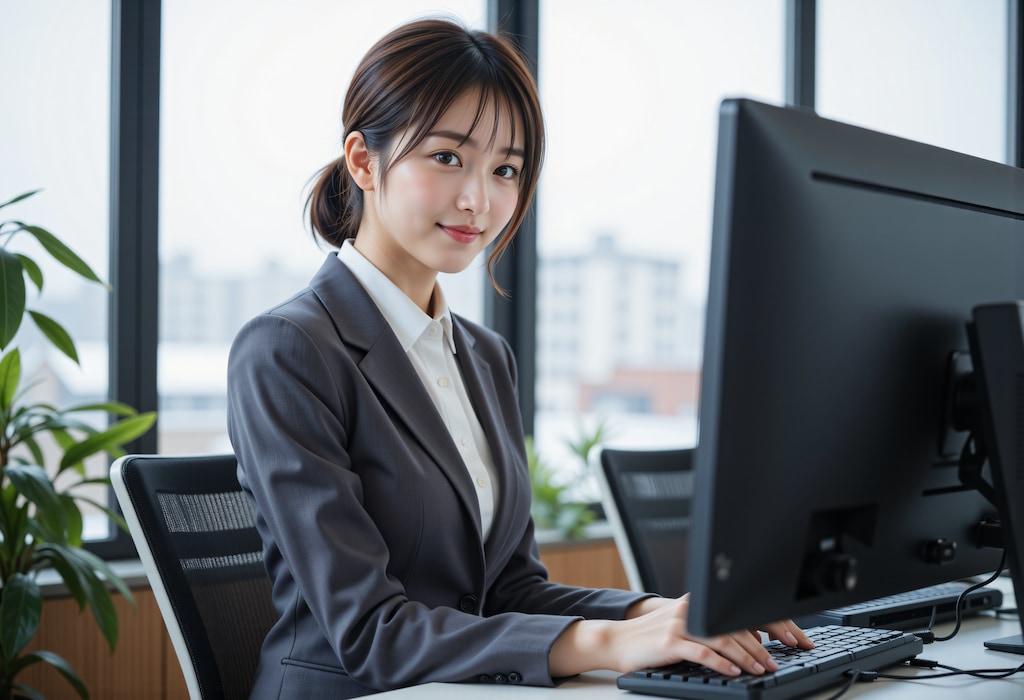 冬のオフィスで働く女性