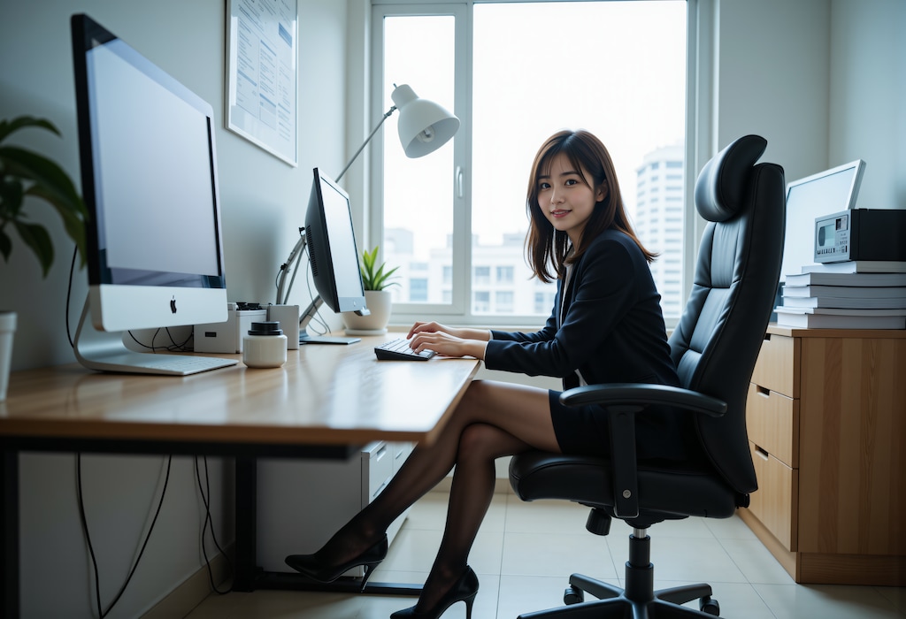 冬のオフィスで働く女性