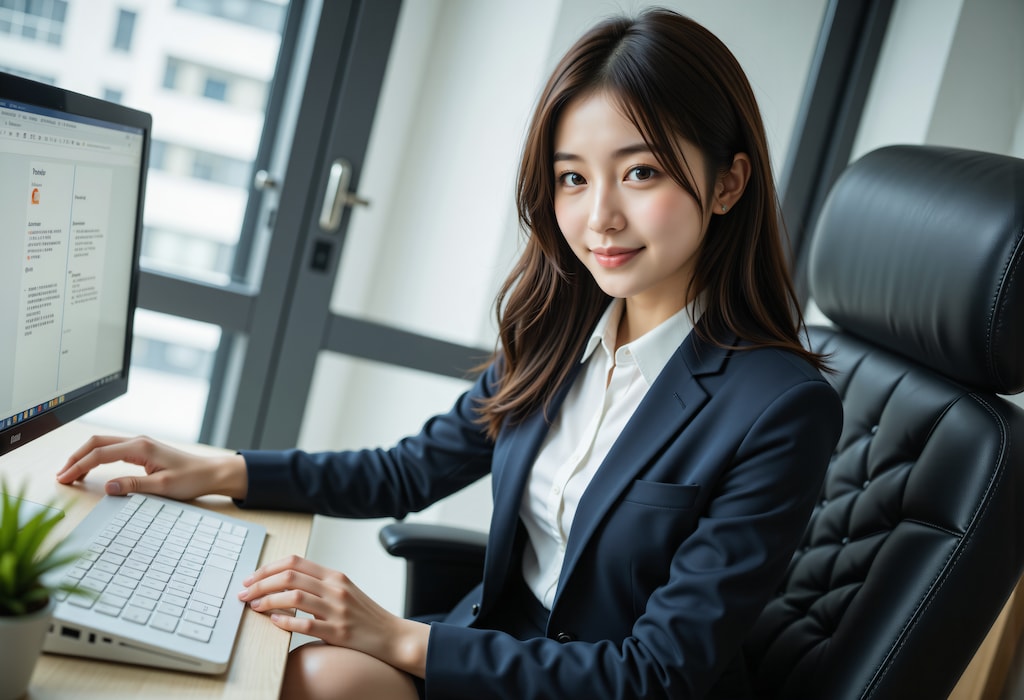 冬のオフィスで働く女性