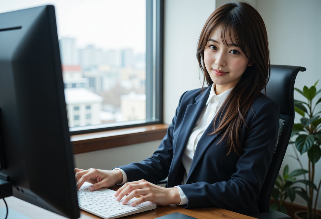 冬のオフィスで働く女性