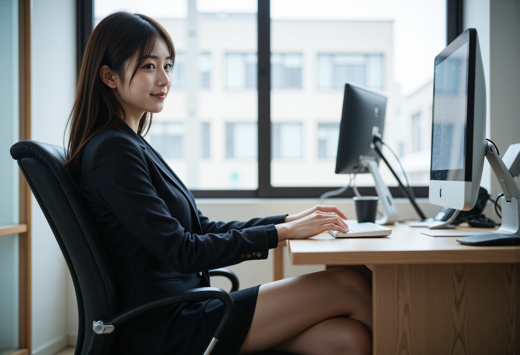 冬のオフィスで働く女性