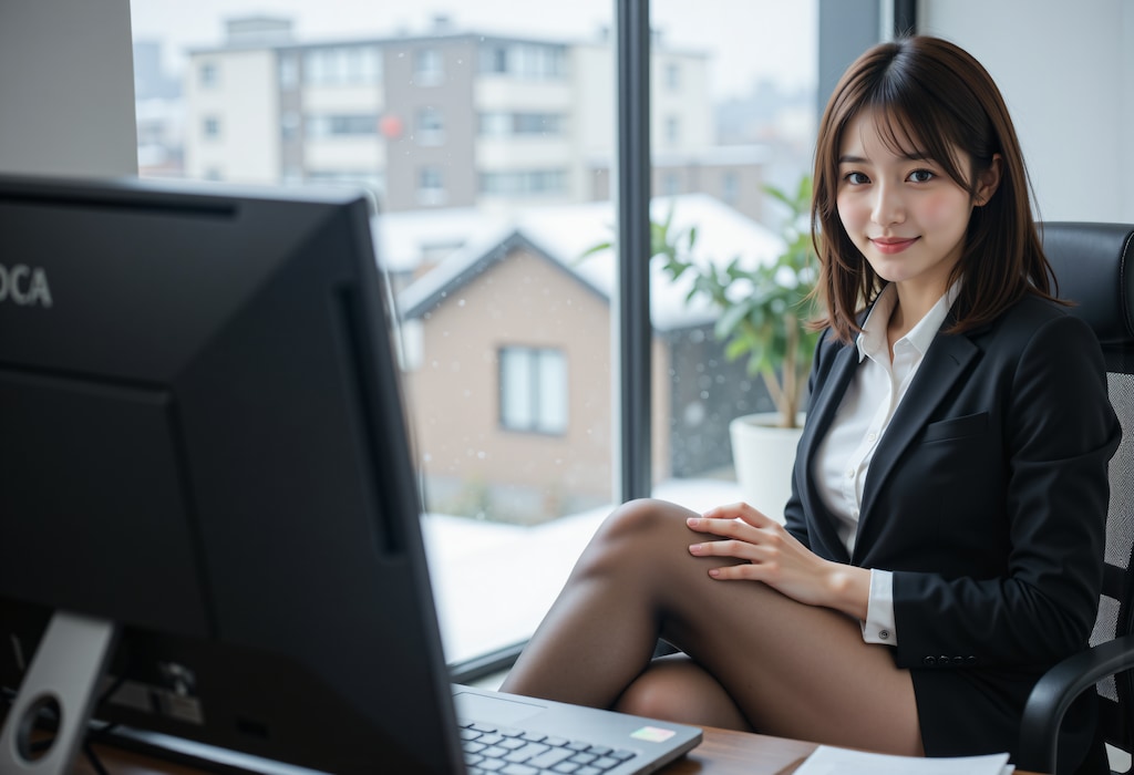 冬のオフィスで働く女性