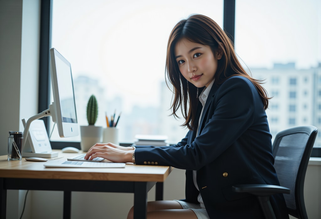 冬のオフィスで働く女性