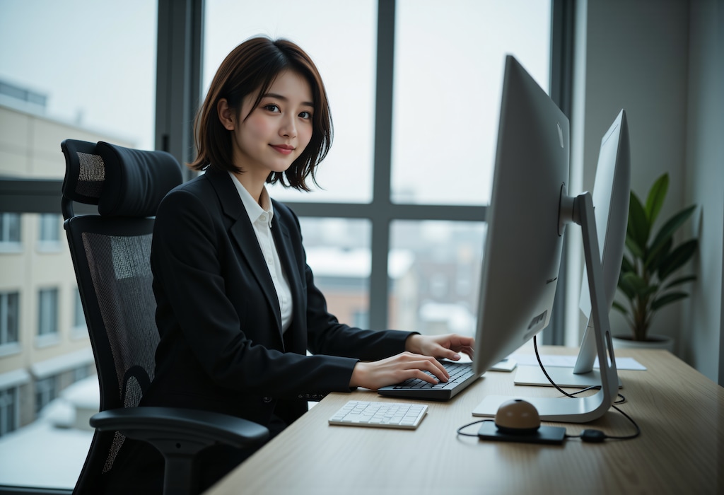 冬のオフィスで働く女性