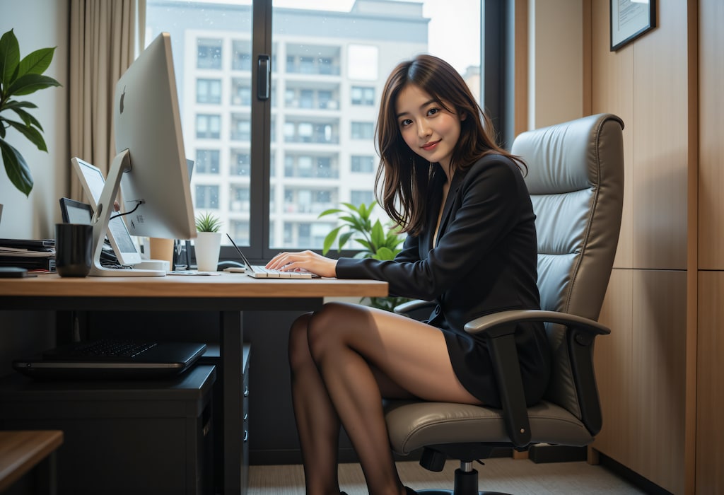 冬のオフィスで働く女性