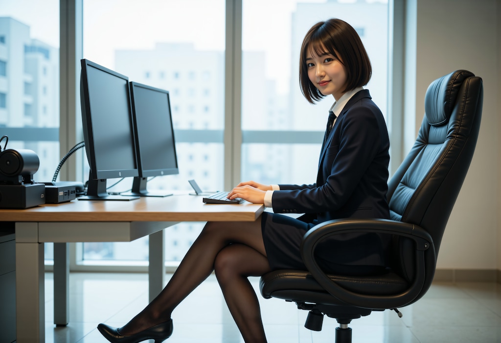 冬のオフィスで働く女性