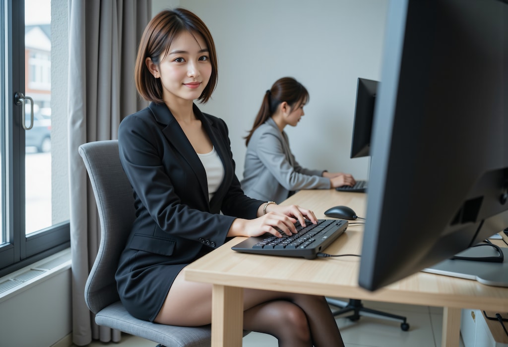 冬のオフィスで働く女性