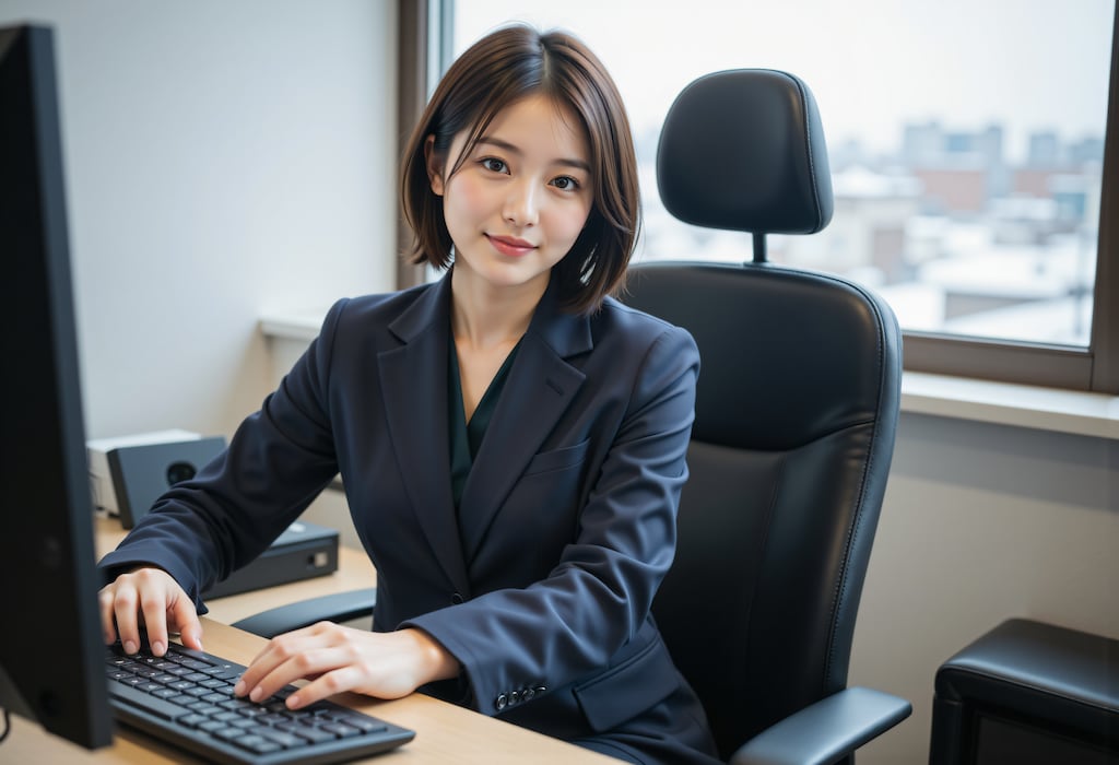 冬のオフィスで働く女性