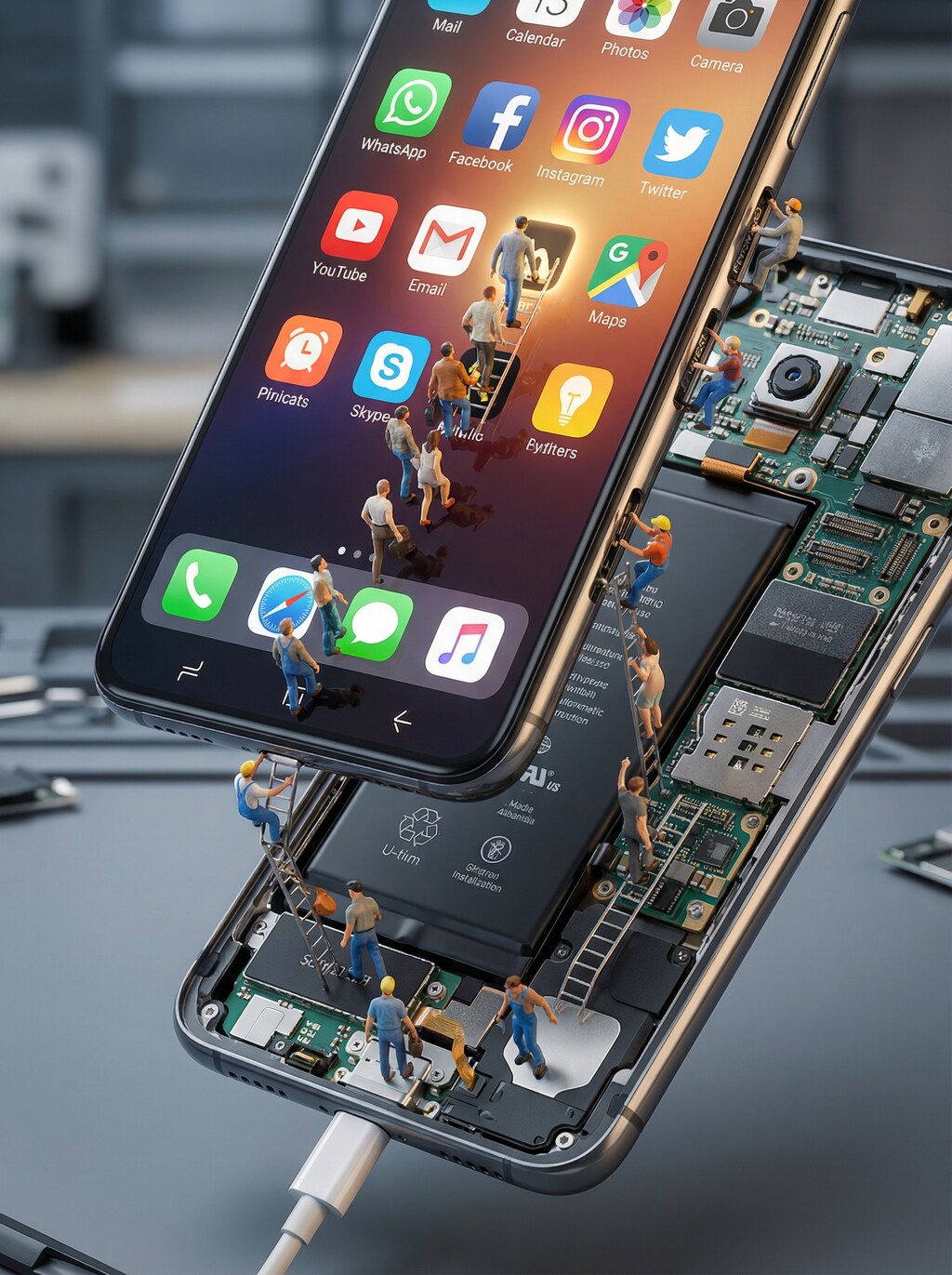 『スマホの中に住むミニチュアの人々』画面と内部の融合版（スケルトンと分解のミックス）