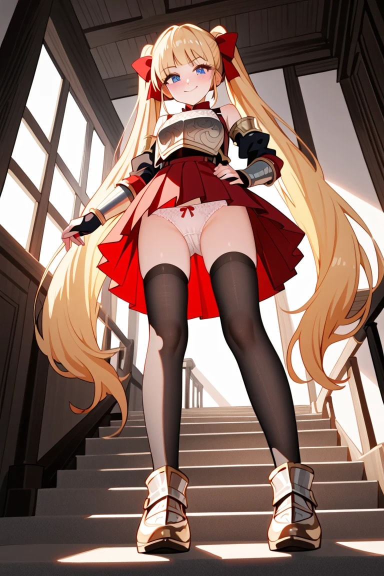 階段から見下ろすアーマー騎士金髪ツインテ莉奈♡ 白パンツで自信満々笑顔🌟