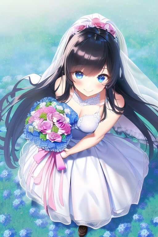 花畑の中の黒髪美少女　ジューンブライド