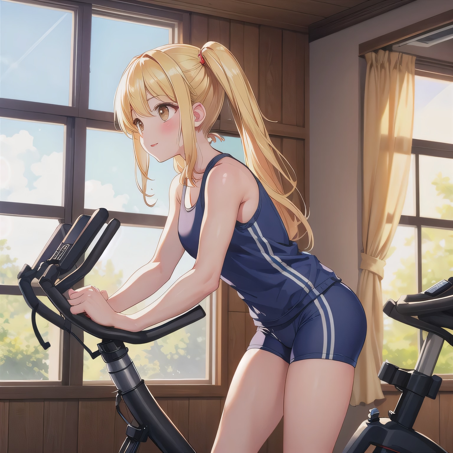 金髪ロングでエアロバイクの少女１０ | の人気AIイラスト・グラビア