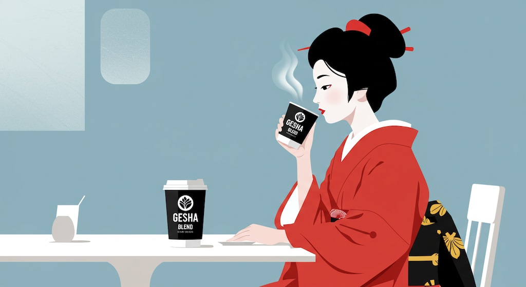 ゲイシャブレンドのコーヒーを飲む芸者