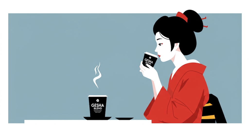 ゲイシャブレンドのコーヒーを飲む芸者