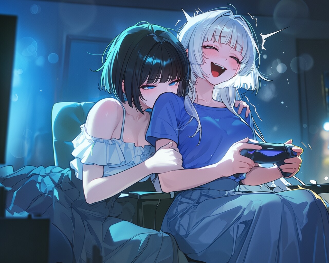 ゲーム中の白髮ちゃんをくすぐる黒髪ちゃん