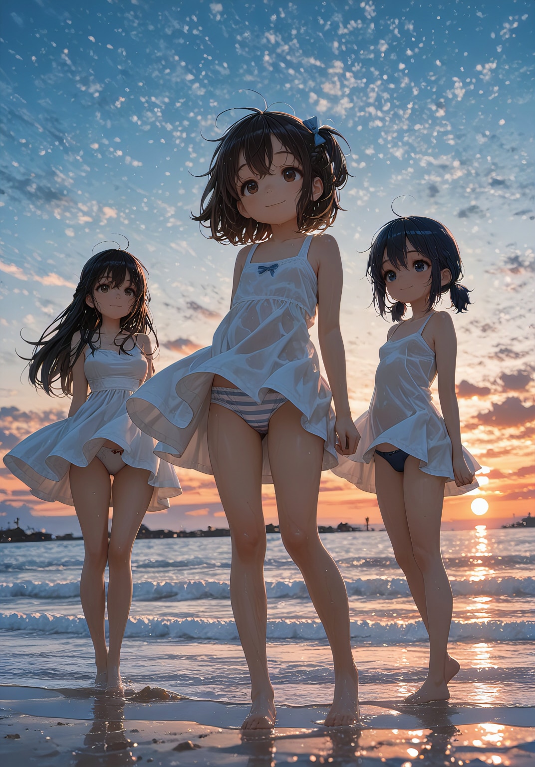 3人の夕日の海