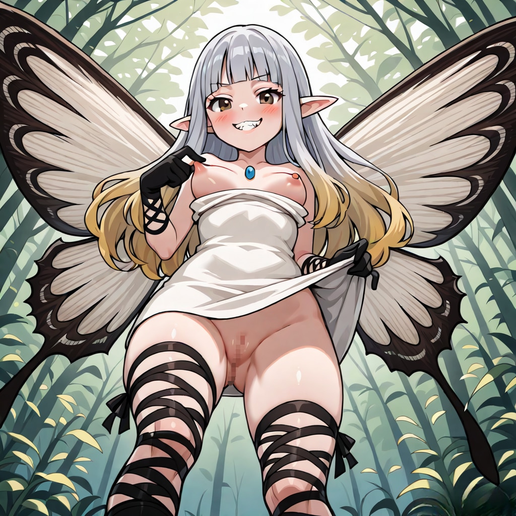 エアリーがスカートをたくしあげ乳首をつまみながら、つるつるまんこを露出する。