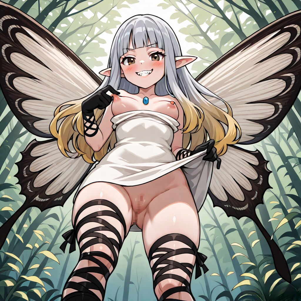 エアリーがスカートをたくしあげ乳首をつまみながら、つるつるまんこを露出する。