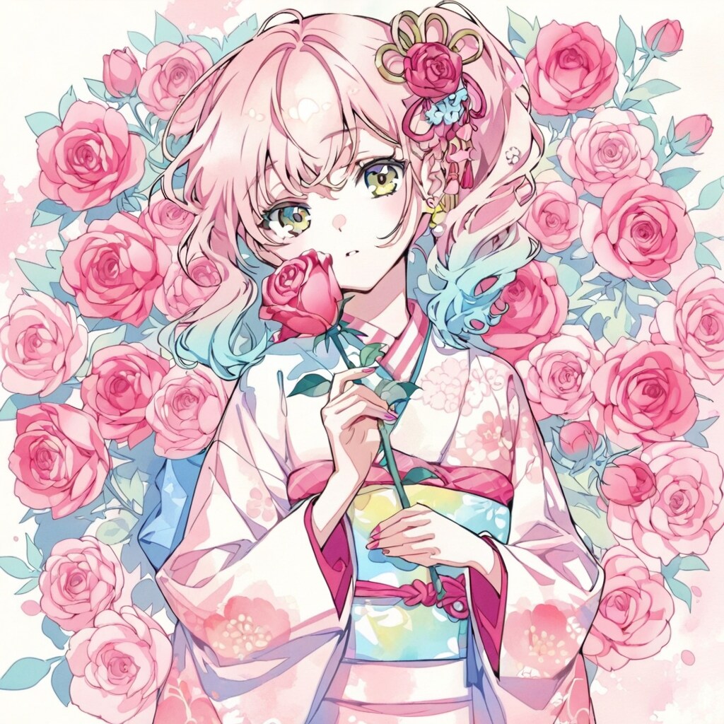 バラと着物の少女 | の人気AIイラスト・グラビア