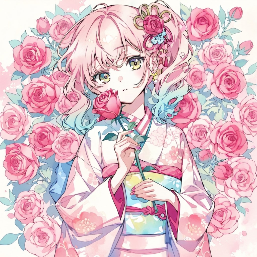 バラと着物の少女