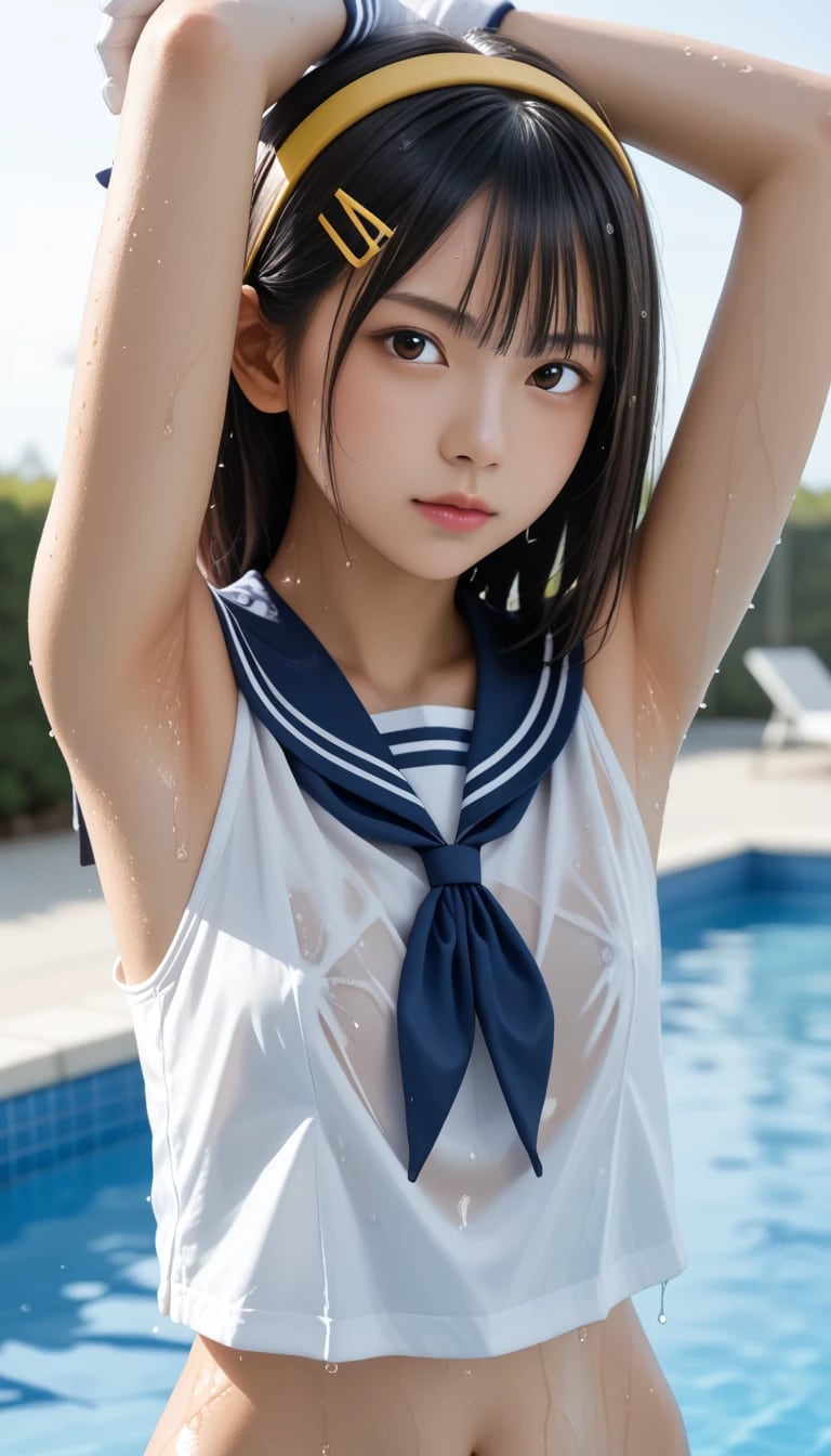 濡れ透けセーラーと、罪深いまでの両手上げ。腋フェチの心を狂わせる、無防備な魅惑の3枚