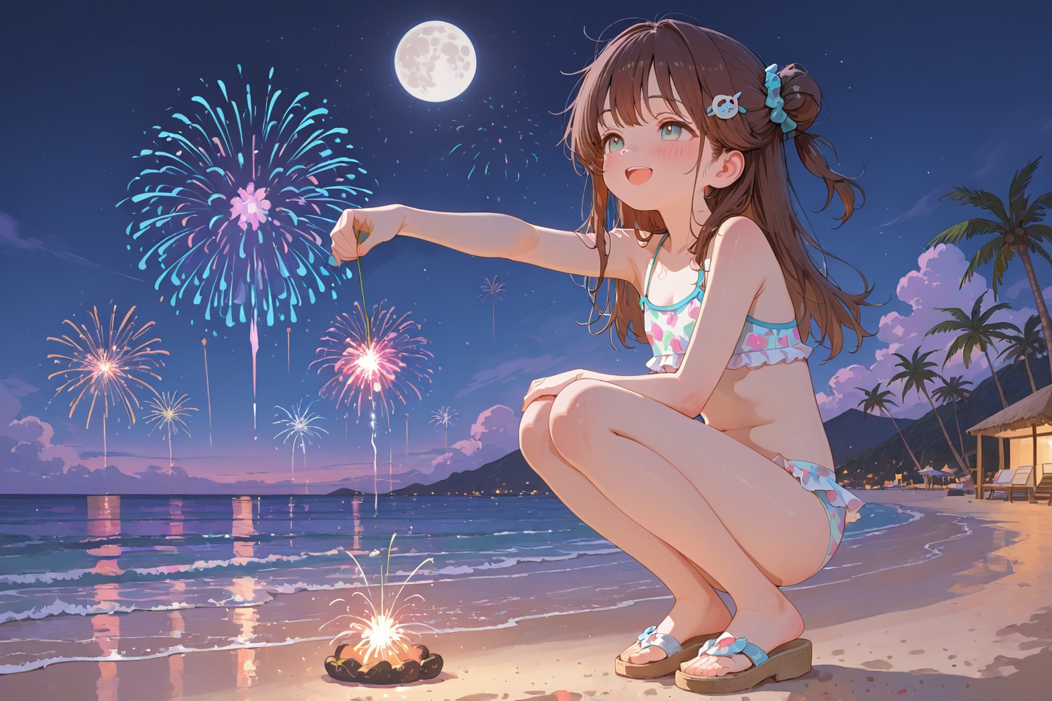 月と浜辺とロリ花火