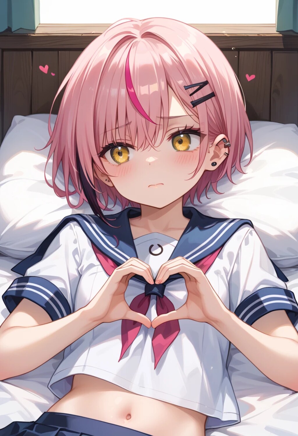 寝転びハートジェスチャー