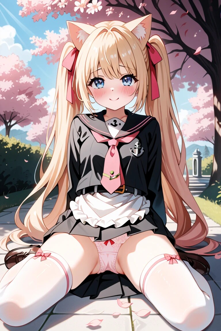 「一緒に桜見よ？♡」猫耳メイド金髪ツインテ莉奈の春の公園🌸🐱