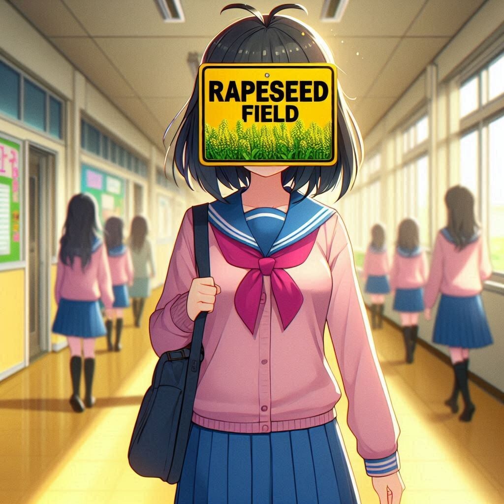 菜の花畑の看板を顔に着けて学校の廊下を歩いている女の子。