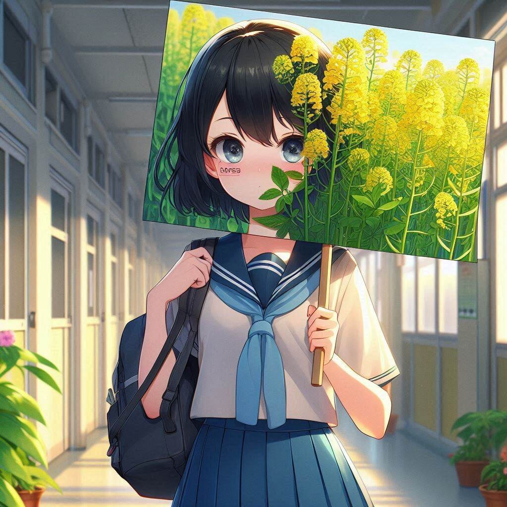 菜の花畑の看板を顔に着けて学校の廊下を歩いている女の子。