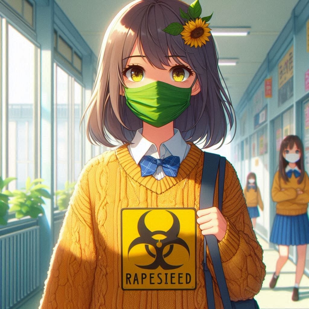 菜の花畑の看板を顔に着けて学校の廊下を歩いている女の子。