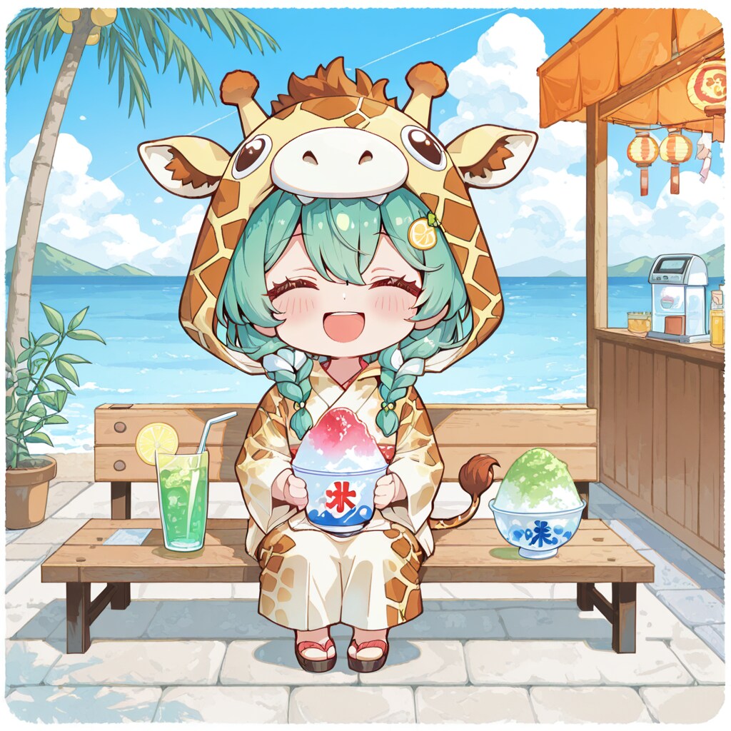 かき氷を楽しむキリン着ぐるみちび子ちゃん