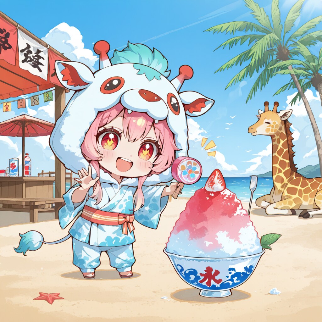 かき氷を楽しむキリン着ぐるみちび子ちゃん