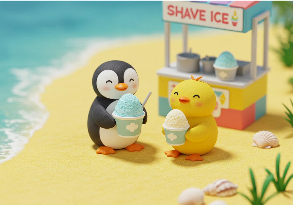 かき氷を楽しむひよことペンギン