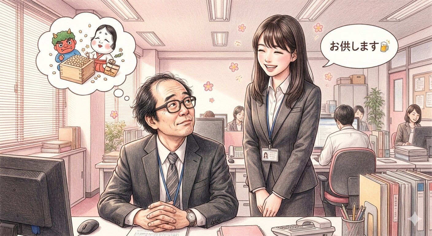 節分の日のオジ先輩と後輩ちゃん | の人気AIイラスト・グラビア