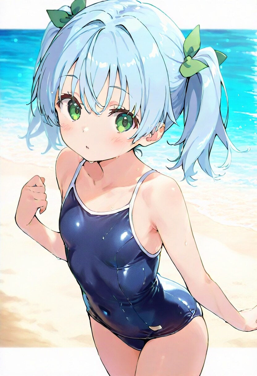 水色髪女子（スクール水着）