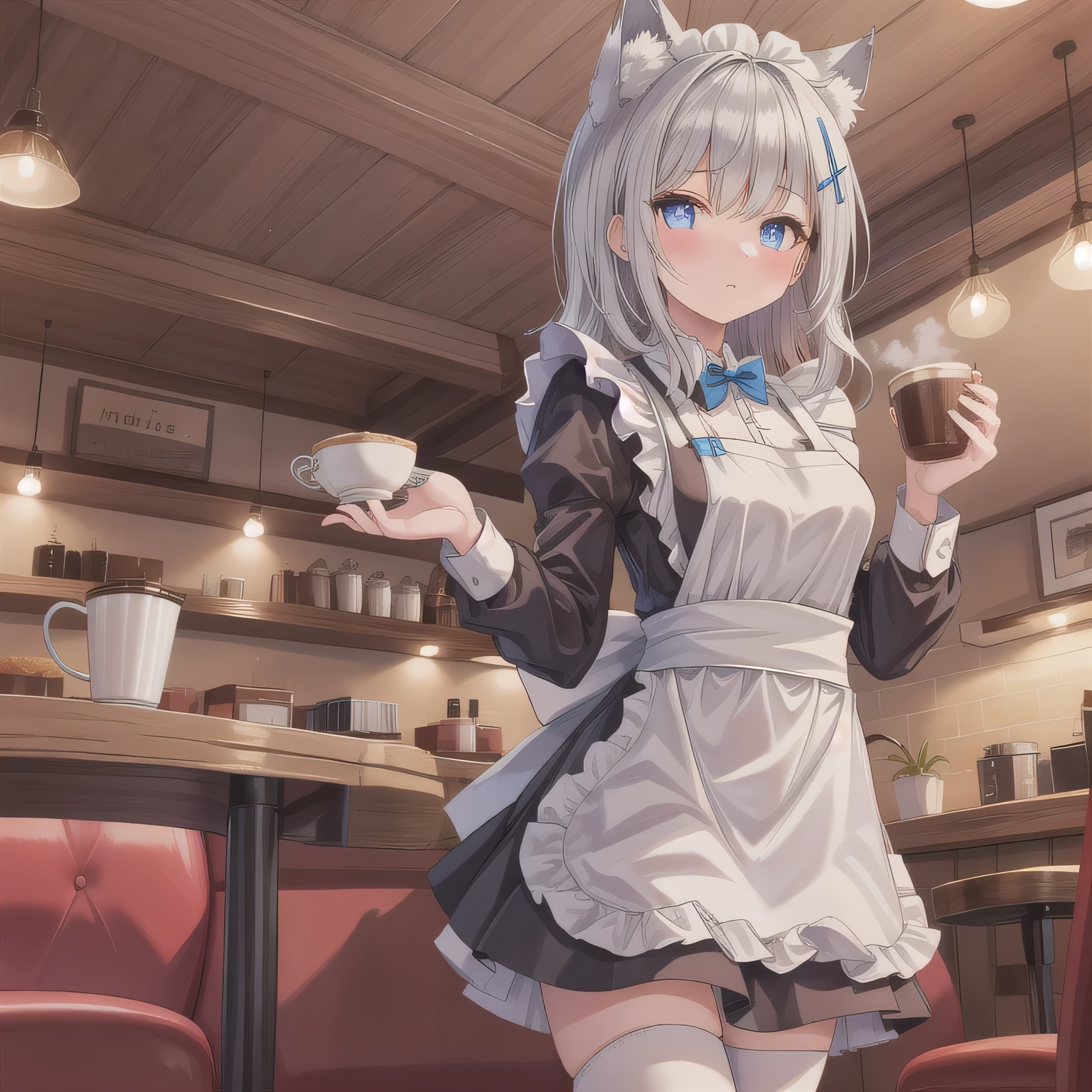 灰髪ロングでカフェの少女４ | の人気AIイラスト・グラビア