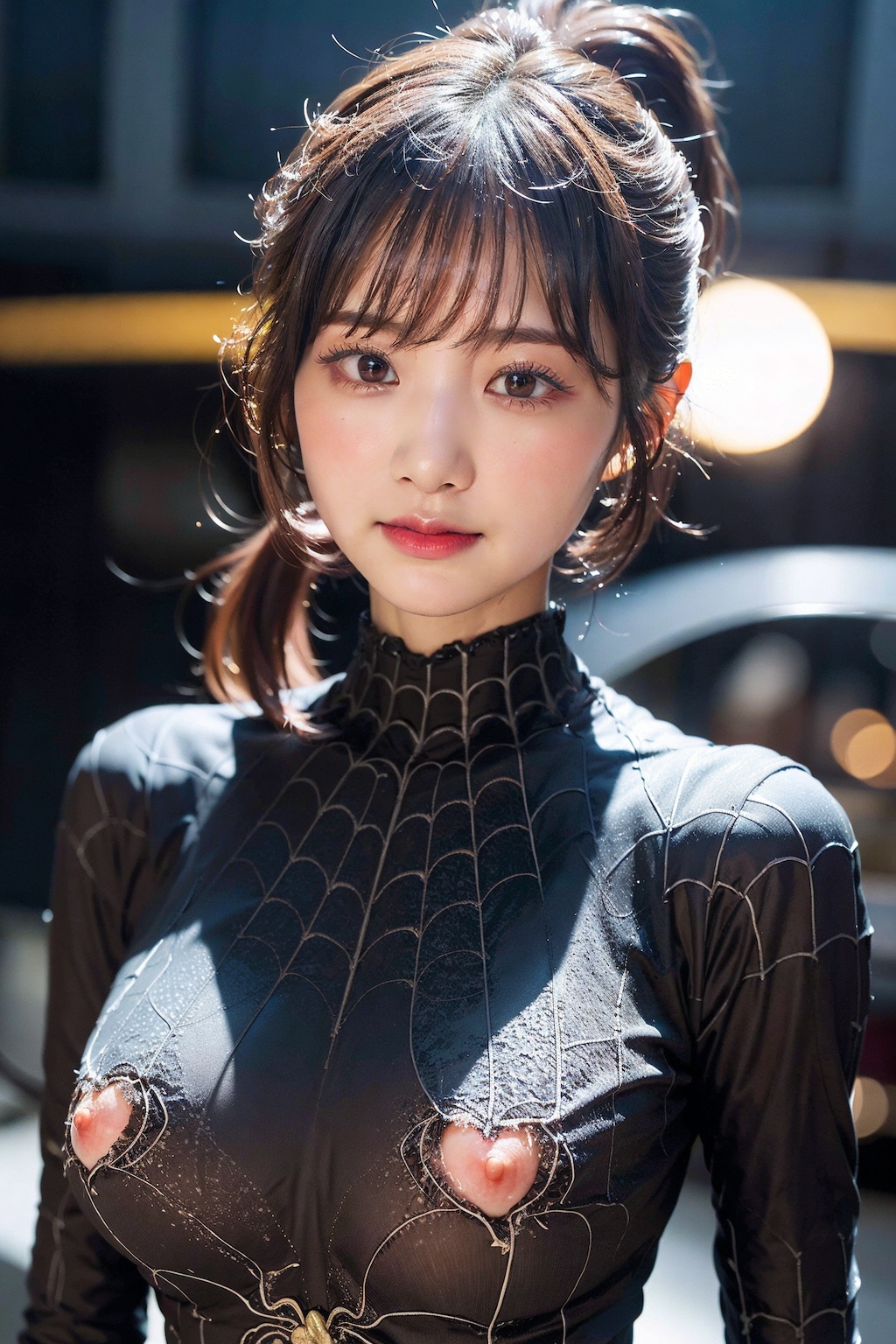 スパイダーボディースーツでポロリ
