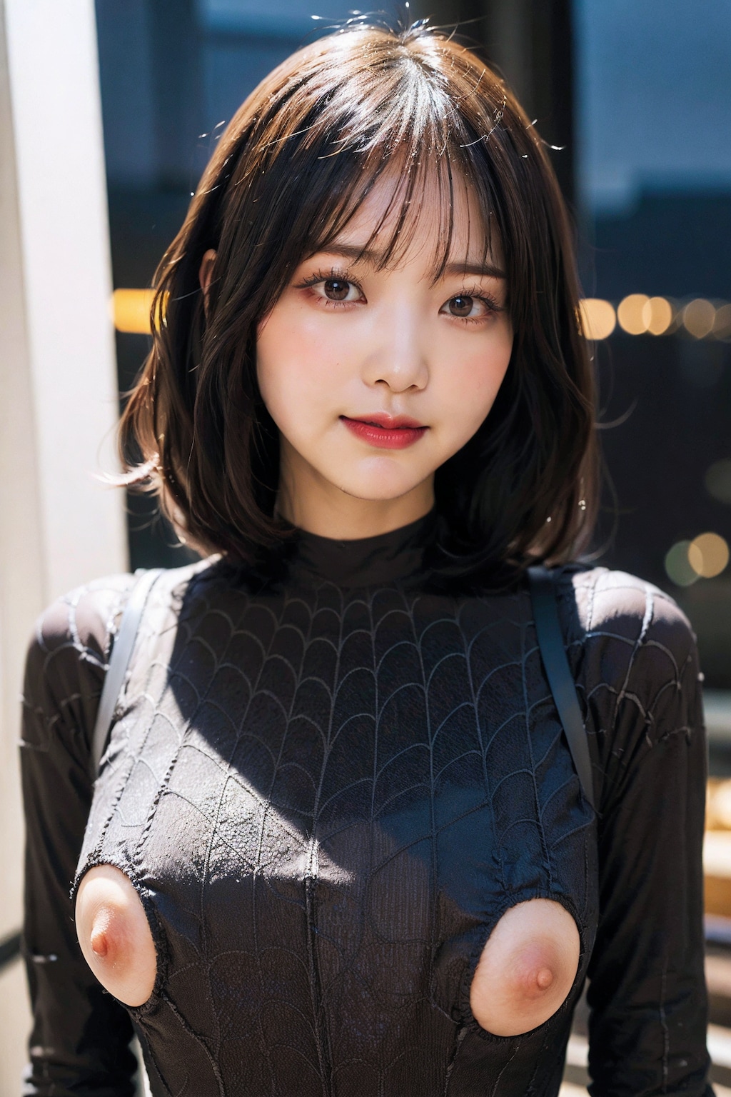 スパイダーボディースーツでポロリ