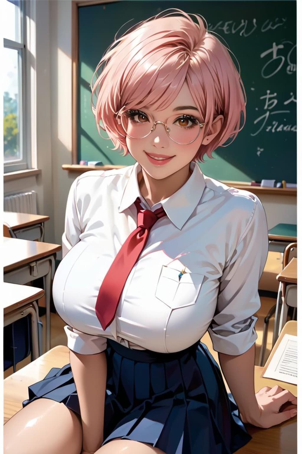 ピンク髪の巨乳女子高生