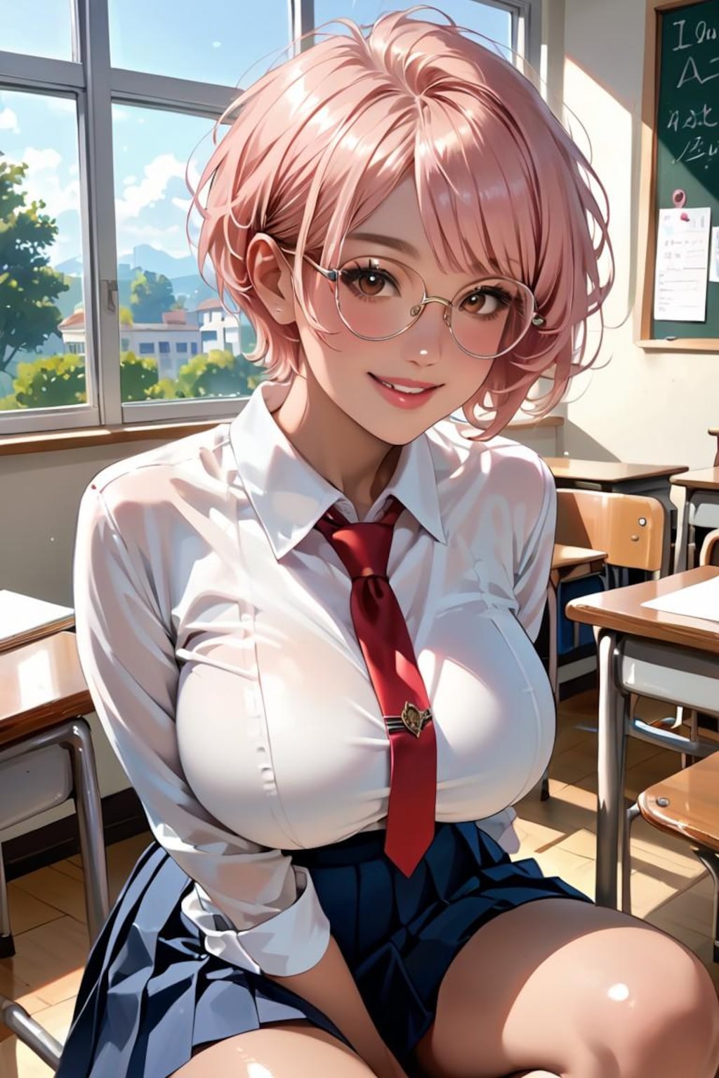 ピンク髪の巨乳女子高生