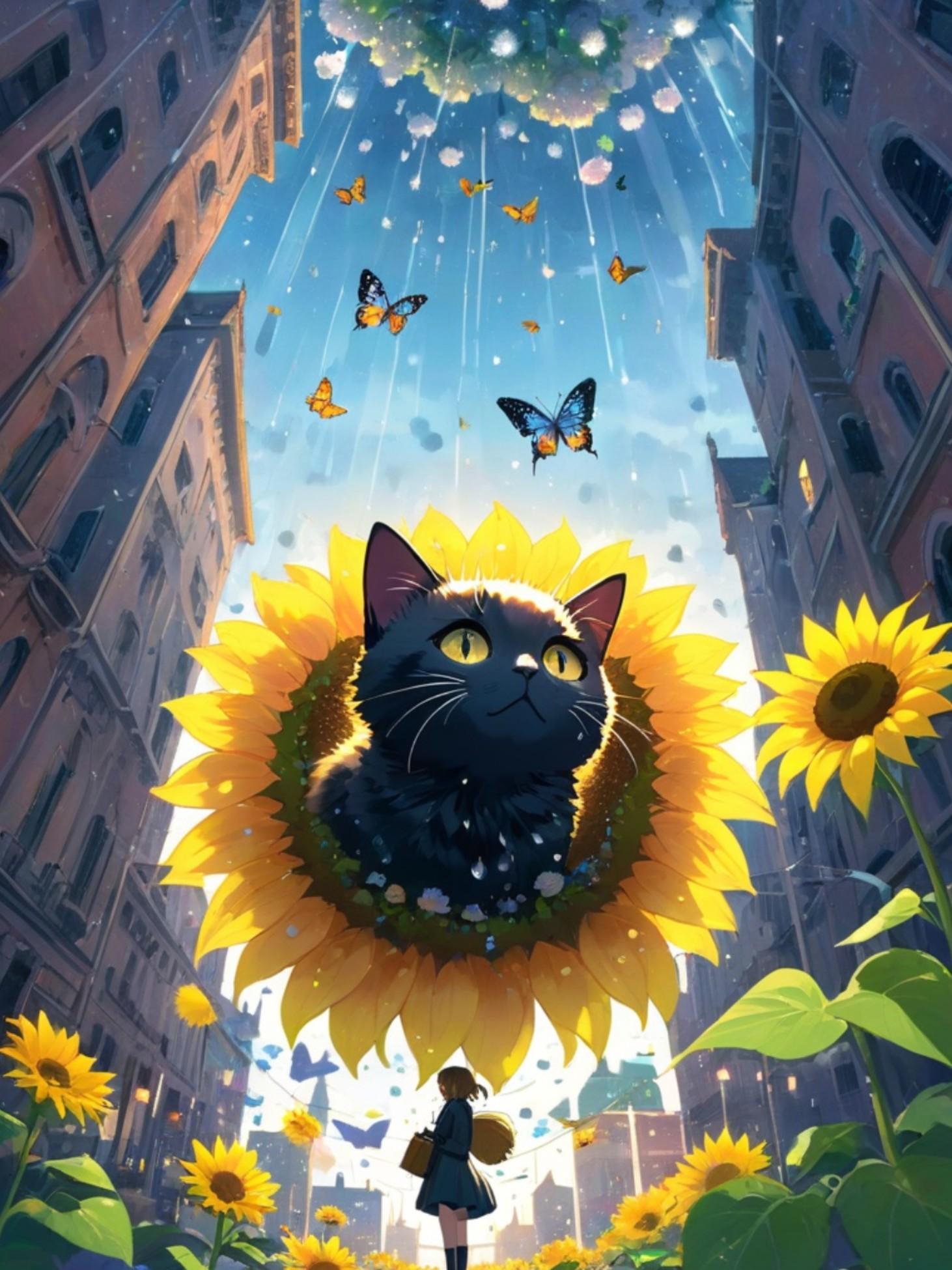 猫と向日葵と蝶 | の人気AIイラスト・グラビア