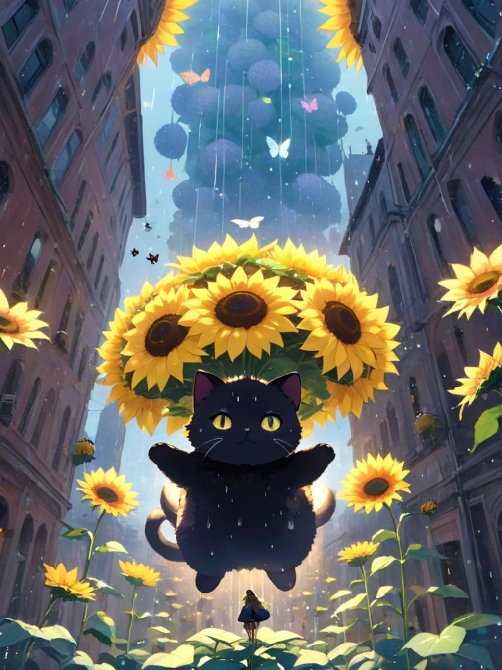 猫と向日葵と蝶