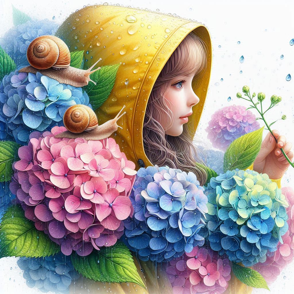 紫陽花、かたつむり、雨合羽